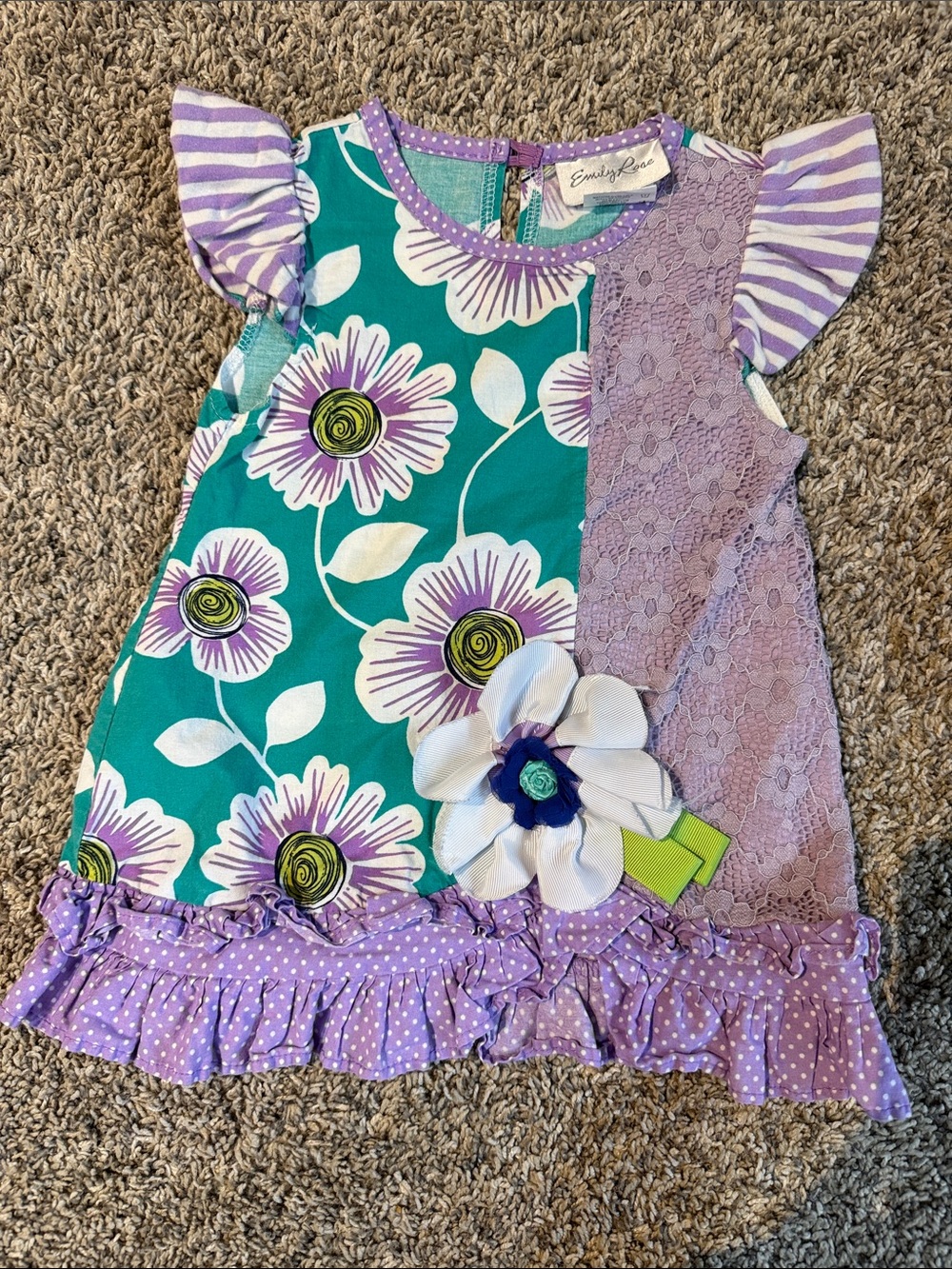 Emily Rose Teal & Lavender Floral Ruffle Dress with Decorative Flower
